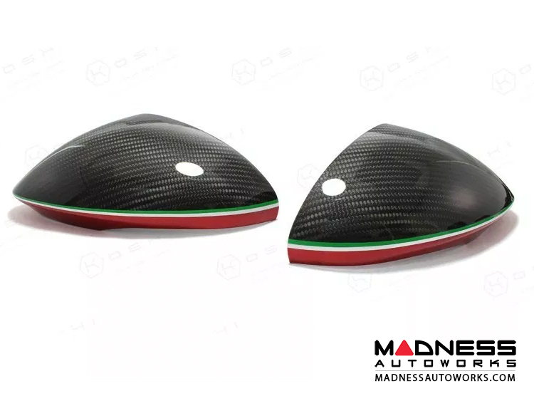 Alfa Romeo Stelvio Mirror Covers - Carbon Fiber - Full Replacements - Red Stripe